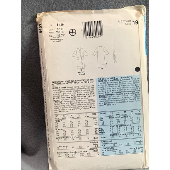 See & Sew Unisex Robe Sewing Pattern 5452 XS-XL - uncut - Picture 2 of 2